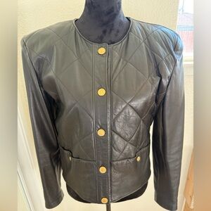 Vintage Liz Roberts Leather Jacket Quilted Black Gold Buttons Chanel Style